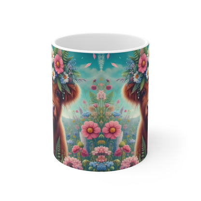 Tasse Vache Highland Couronne Fleurie – Mug Bohème Panoramique – Cadeau Ferme Nature Céramique 325ml