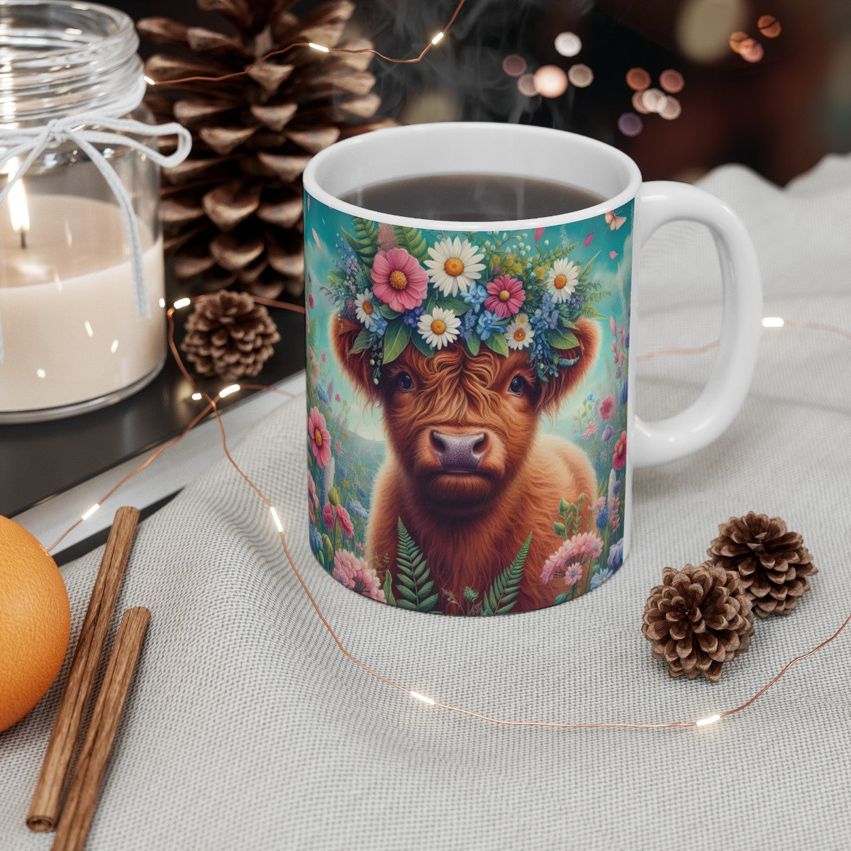 Tasse Vache Highland Couronne Fleurie – Mug Bohème Panoramique – Cadeau Ferme Nature Céramique 325ml