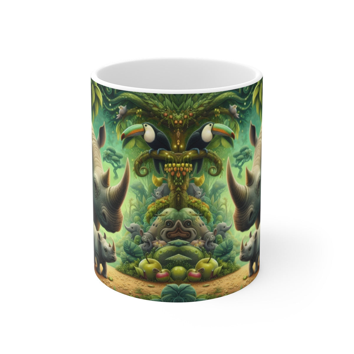 Tasse Jungle Rhinocéros & Bébé – Mug Panoramique Tropical – Cadeau Animaux Exotiques Céramique 325ml