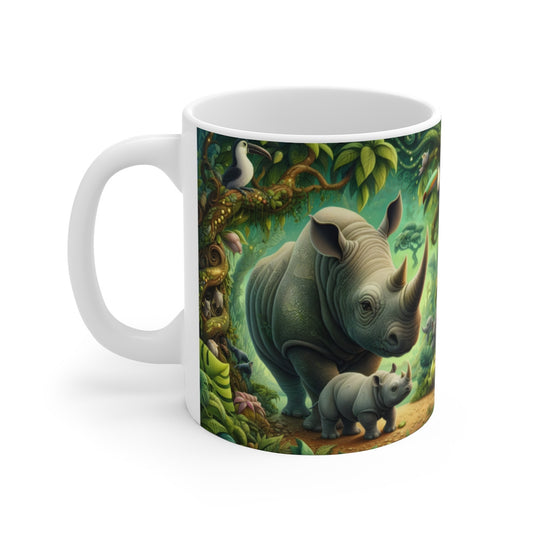 Tasse Jungle Rhinocéros & Bébé – Mug Panoramique Tropical – Cadeau Animaux Exotiques Céramique 325ml