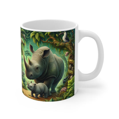 Tasse Jungle Rhinocéros & Bébé – Mug Panoramique Tropical – Cadeau Animaux Exotiques Céramique 325ml