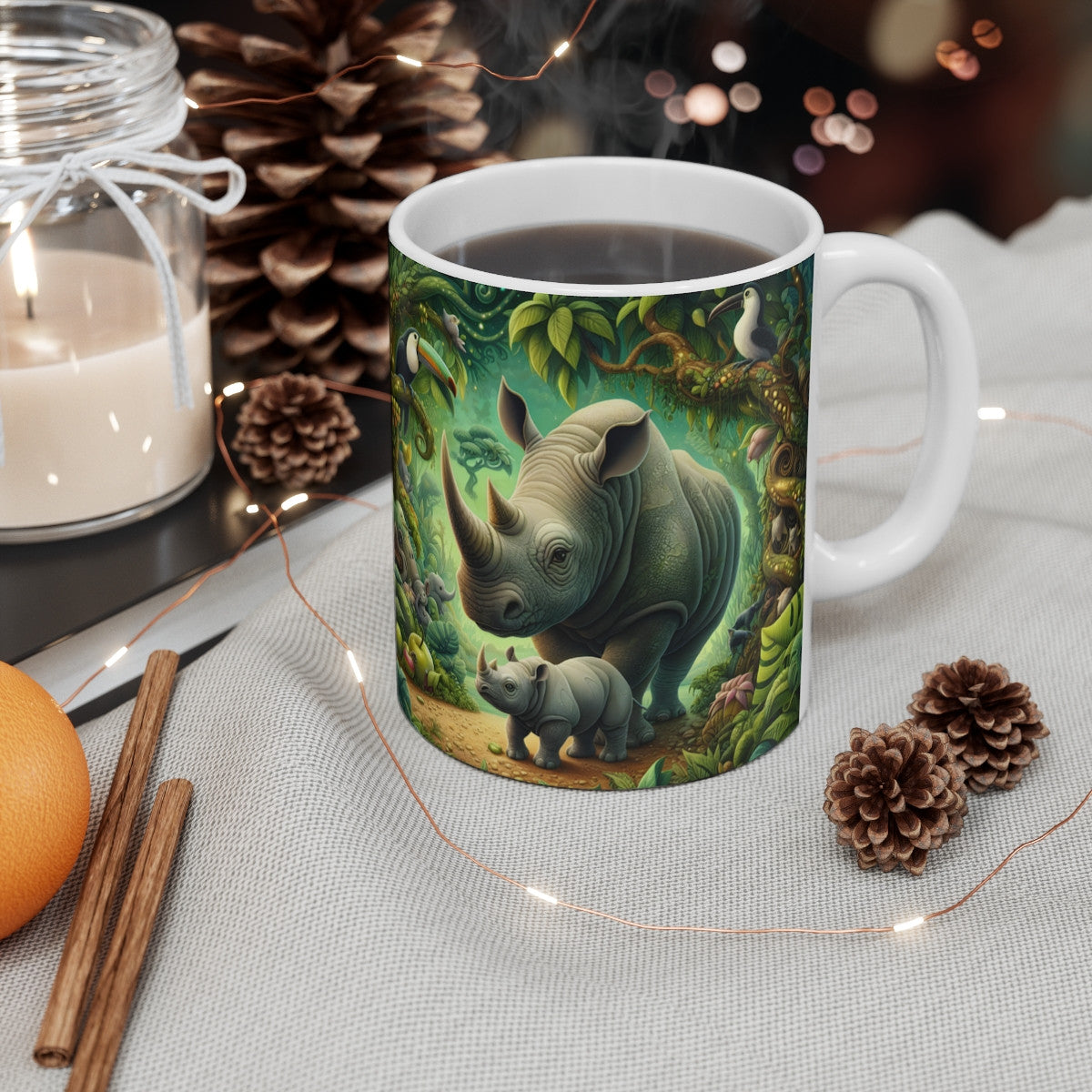 Tasse Jungle Rhinocéros & Bébé – Mug Panoramique Tropical – Cadeau Animaux Exotiques Céramique 325ml