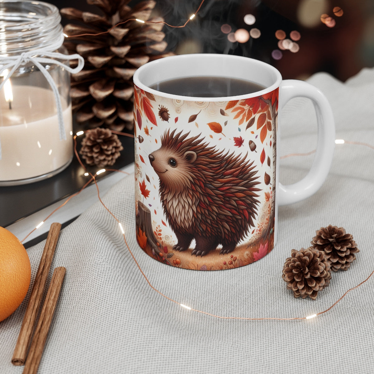 Tasse Hérisson Mignon Automne – Mug Panoramique Forêt – Cadeau Animalier Saison Céramique 325ml