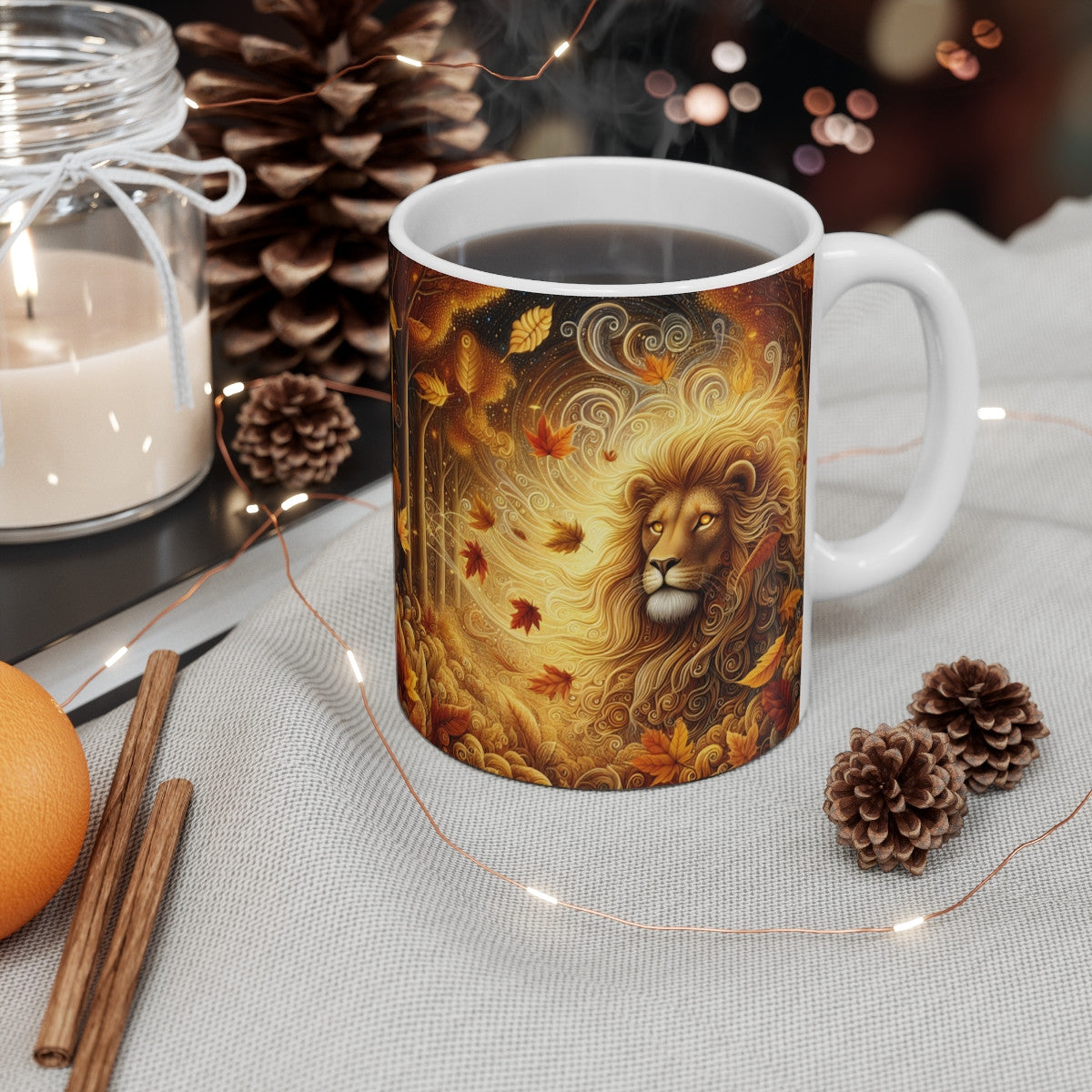 Tasse Lion Royal Automne – Mug Panoramique Animal Totem – Cadeau Nature Spirituelle Céramique 325ml