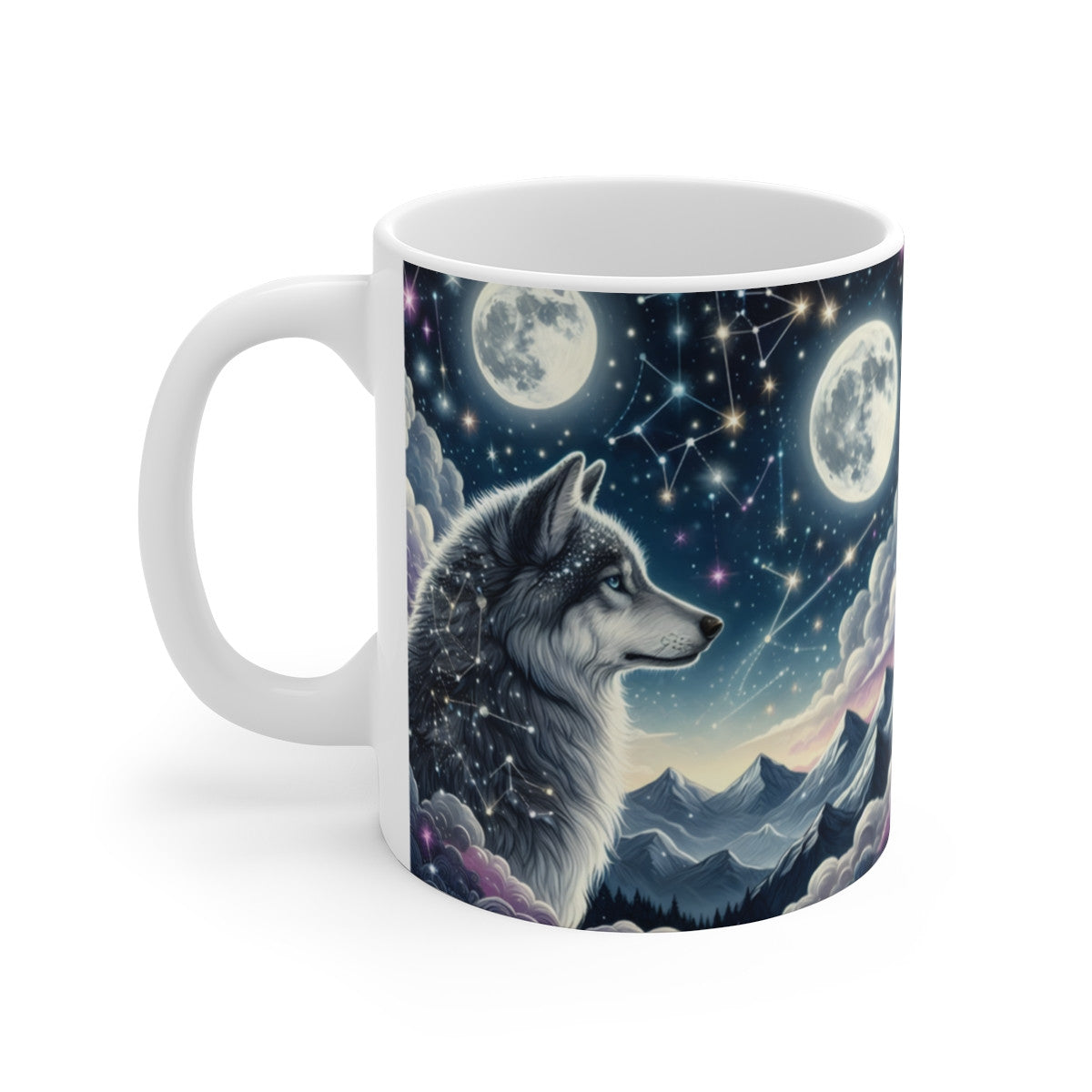 Tasse Loups Étoilés & Lune – Mug Panoramique Constellations – Cadeau Animal Totem Spirituel Céramique 325ml