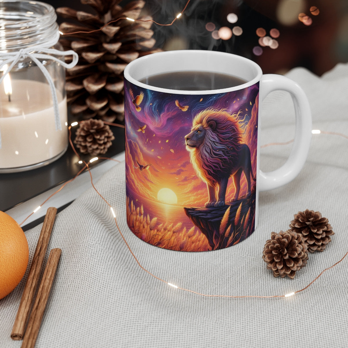 Tasse Lion Céleste & Soleil – Mug Panoramique Puissant & Spirituel – Cadeau Animal Totem Céramique 325ml
