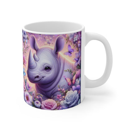 Tasse Rhinocéros Mignon Fleur Magique – Mug Panoramique Fantaisie – Cadeau Animal Doux Féerique Céramique 325ml