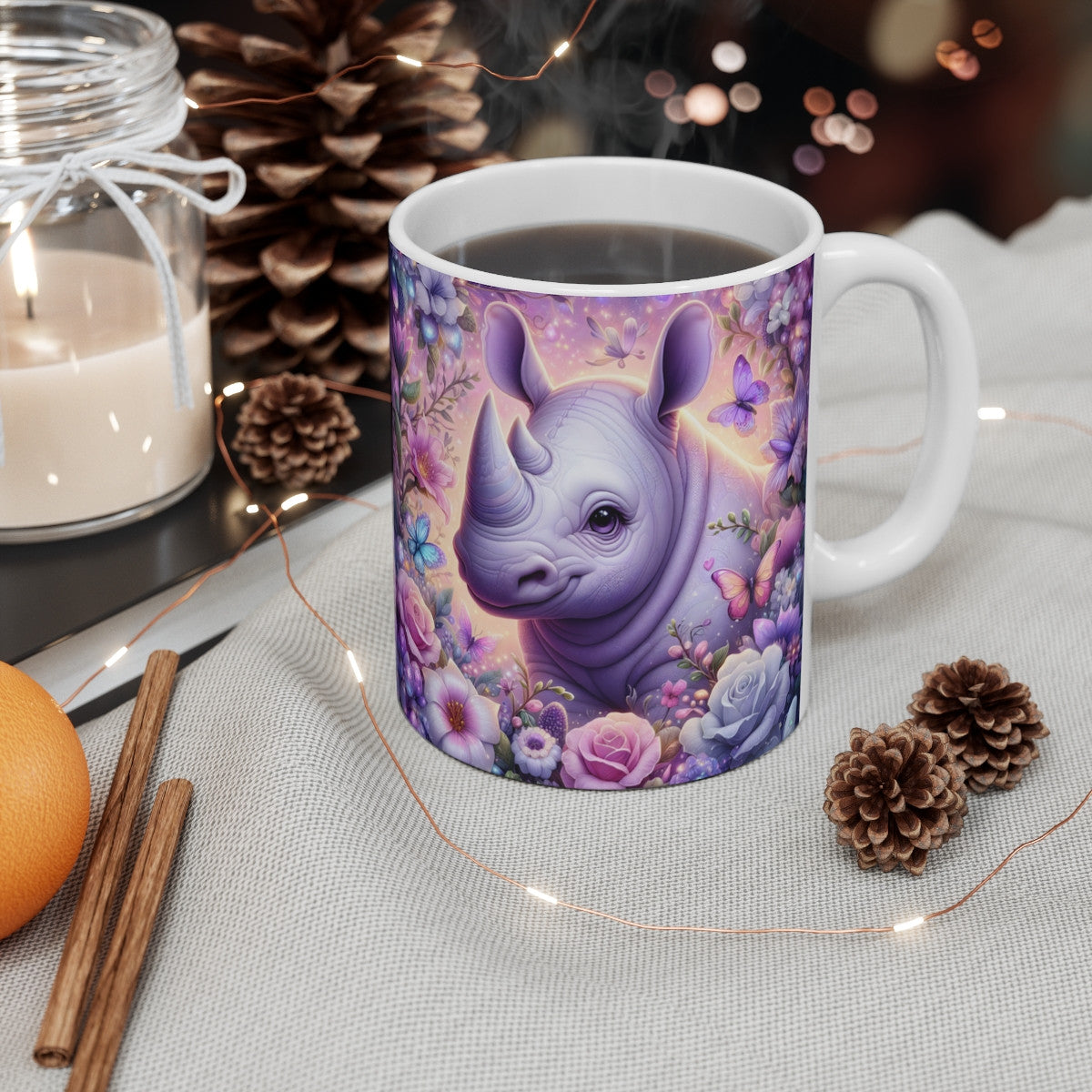 Tasse Rhinocéros Mignon Fleur Magique – Mug Panoramique Fantaisie – Cadeau Animal Doux Féerique Céramique 325ml
