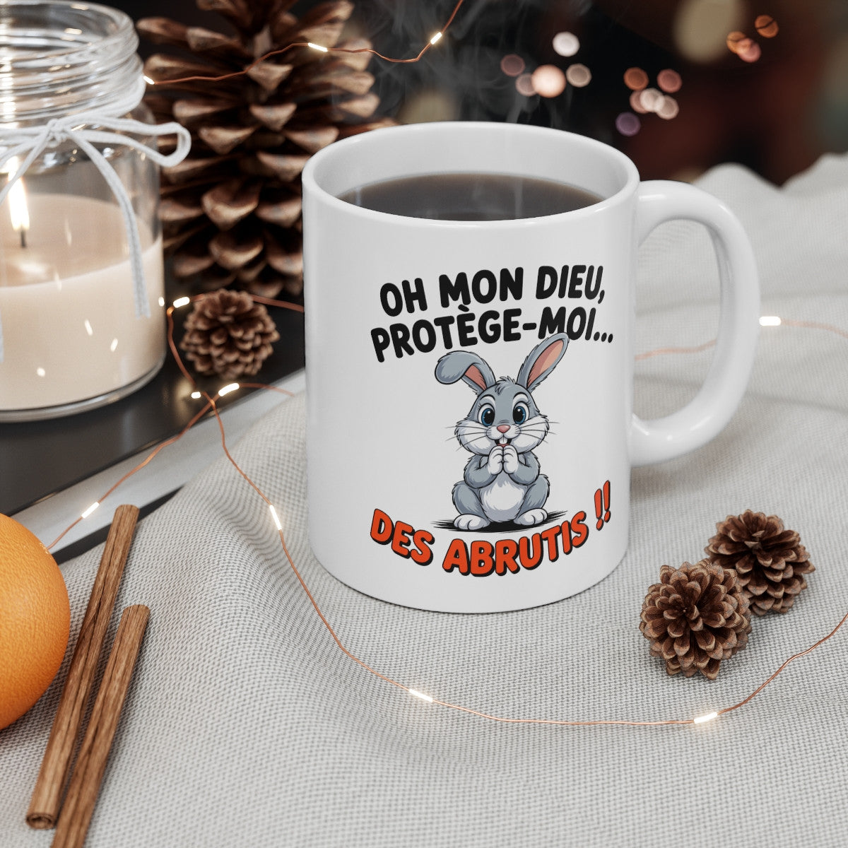 Mug Humour Lapin 325ml – Tasse Céramique Drôle “Protège-Moi des Abrutis” – Cadeau Original Sarcastique