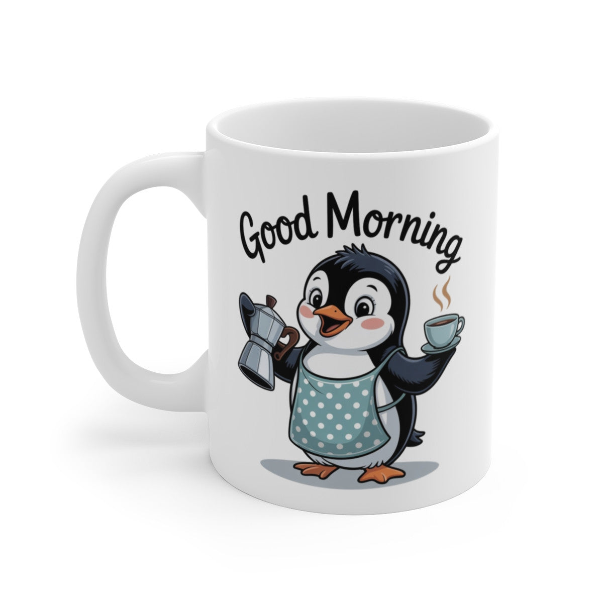 Mug Pingouin Good Morning 325ml – Tasse Céramique Café Tablier à Pois – Cadeau Original Petit Déjeuner