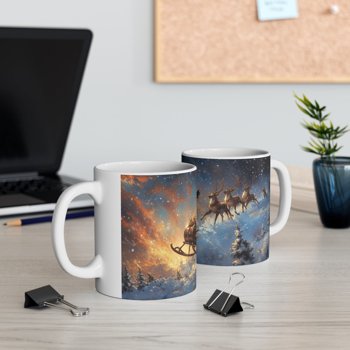 Mug Père Noël en Traîneau avec Rennes – Tasse Noël Paysage Enneigé – Cadeau Original Fêtes de Fin d’Année
