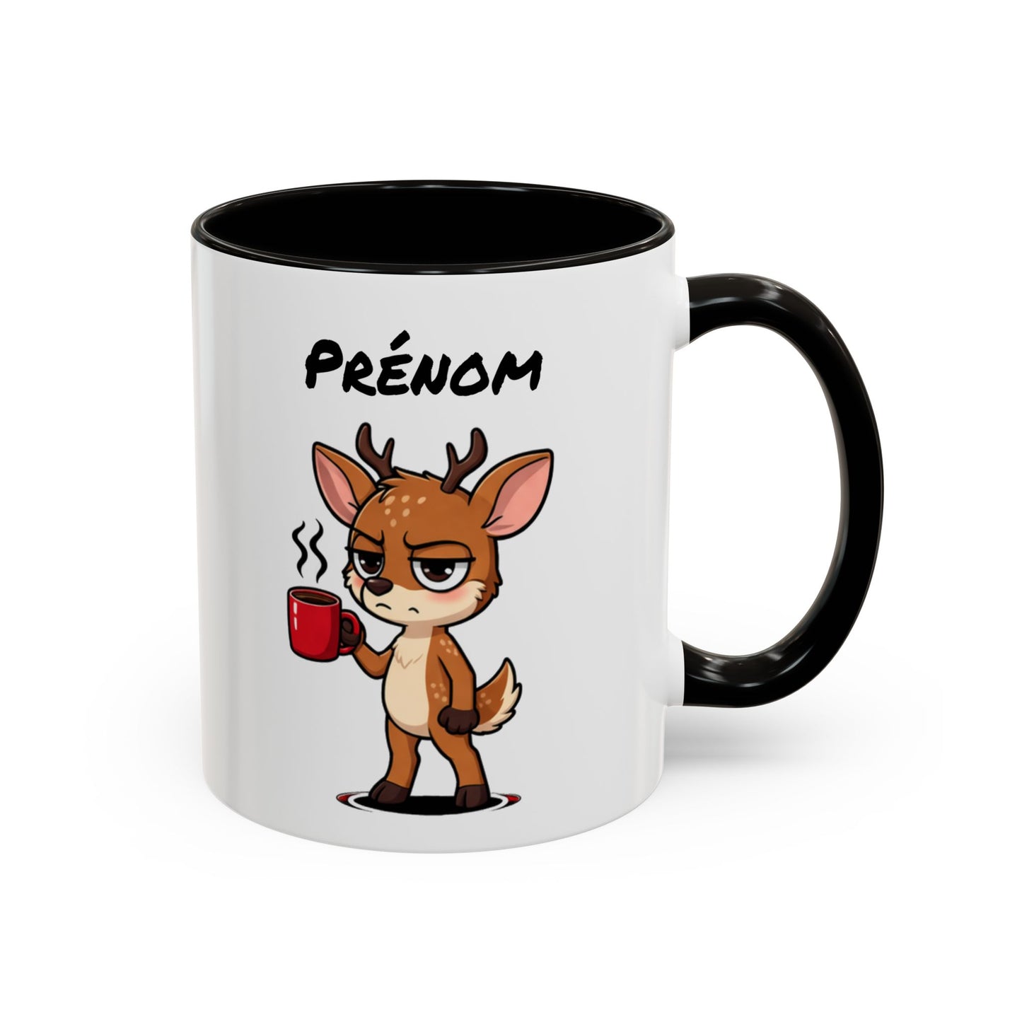 Mug Cerf Fatigué Personnalisable 325ml – Tasse Café Humoristique Prénom Cadeau Original Noir Bleu Rouge