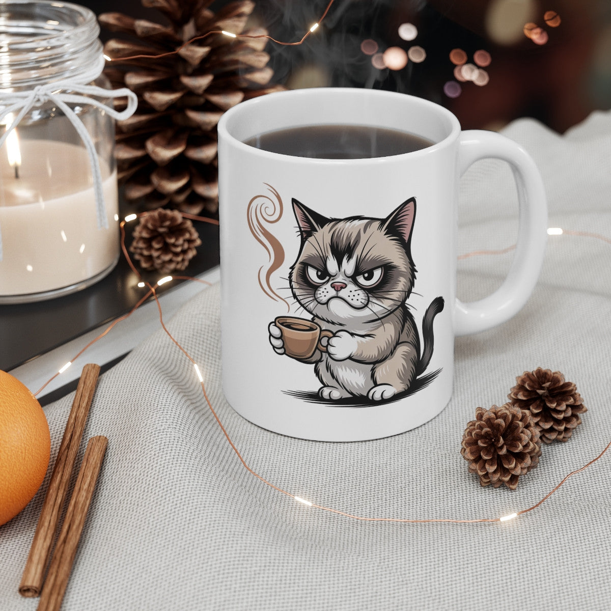 Mug Chat Grognon 325ml – Tasse Céramique Café Matin Cartoon – Cadeau Drôle Original