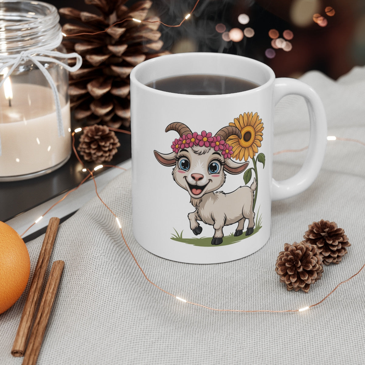Mug Chèvre Mignonne 325ml – Tasse Céramique Tournesol & Fleurs Cartoon – Cadeau Nature Original