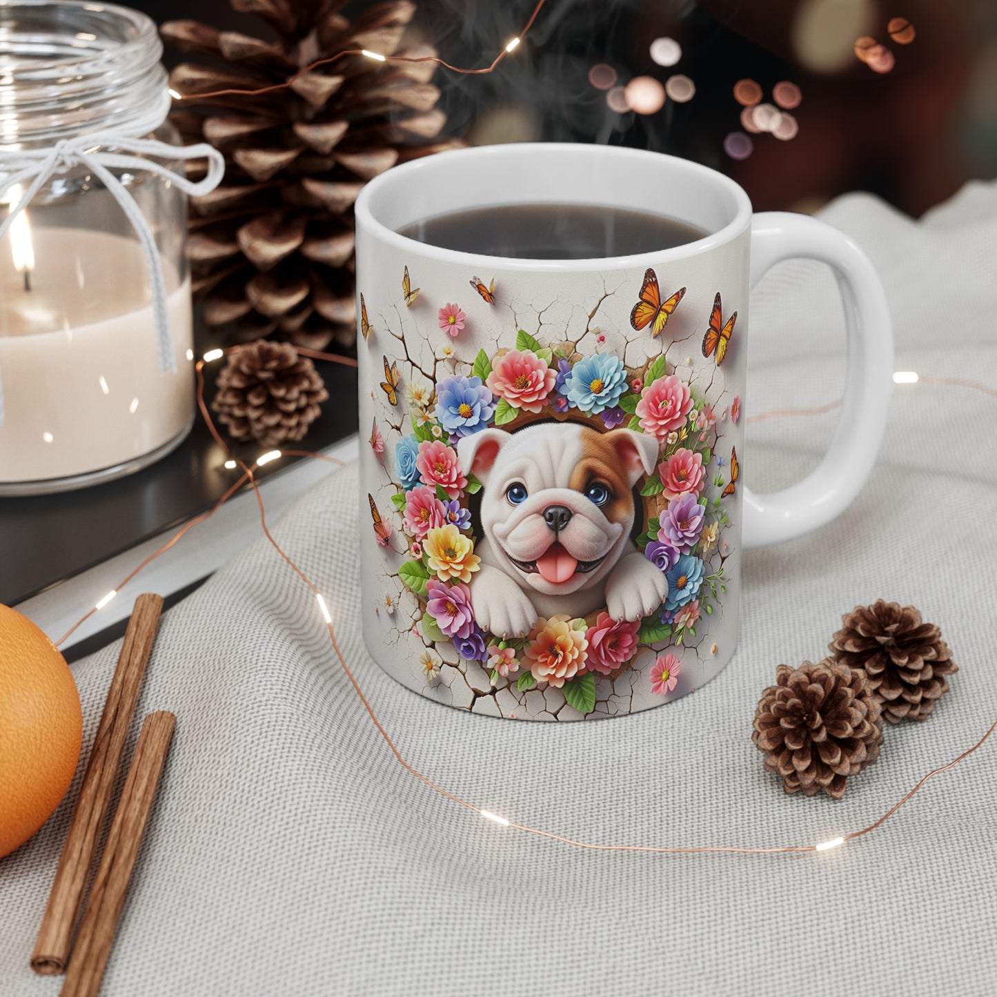 Tasse Céramique Bulldog et Fleurs – Mug Chien Mignon Papillons – Cadeau Animaux Bohème 325ml