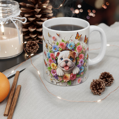 Tasse Céramique Bulldog et Fleurs – Mug Chien Mignon Papillons – Cadeau Animaux Bohème 325ml