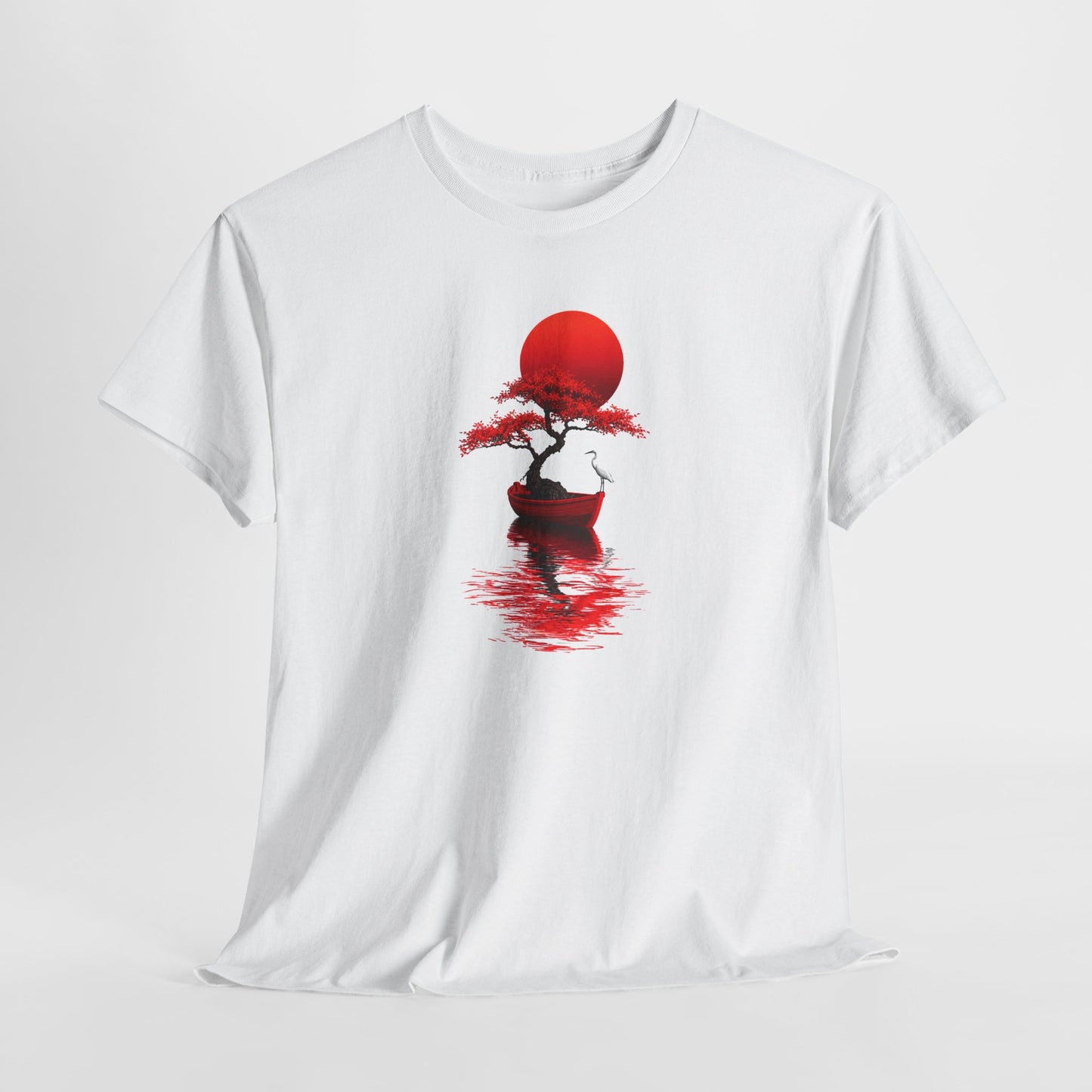Tee Shirt Homme et Femme Japonais Bonsaï Héron Soleil Rouge Paysage Zen Nature Asiatique Art Traditionnel