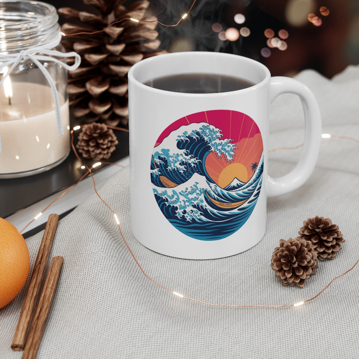 Tasse Vague Japonaise 325ml – Mug Art Océan Mont Fuji – Design Soleil Levant Style Ukiyo-e Céramique