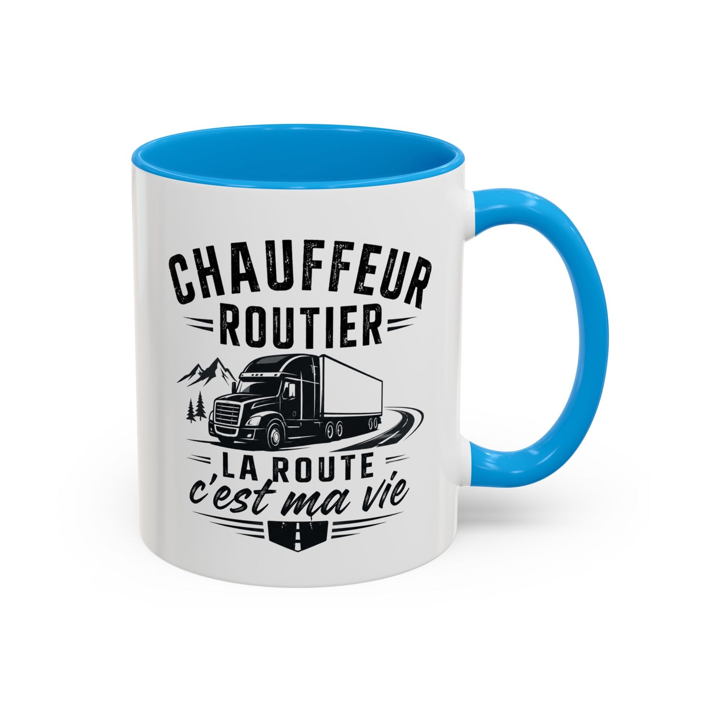 Mug Chauffeur Routier – La Route C'est Ma Vie, Tasse Humour Camion Homme et Femme, Cadeau Original pour Conducteur Routier, Poids Lourd, Anniversaire Noël Noir Bleu Rouge