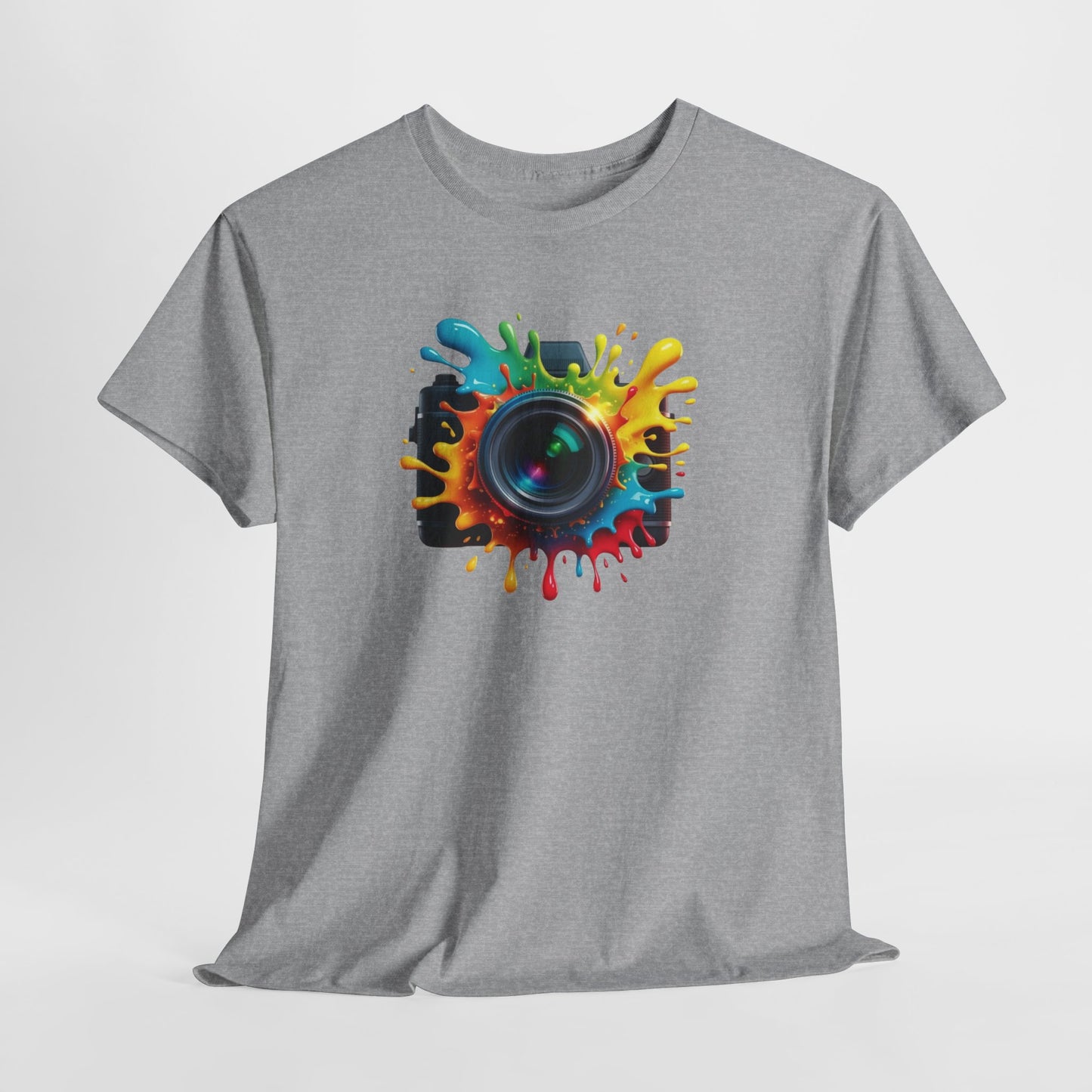 T-Shirt Photographie Appareil Photo Coloré – Tee Shirt Camera Splash Art – Cadeau Photographe Original Noir Blanc Gris