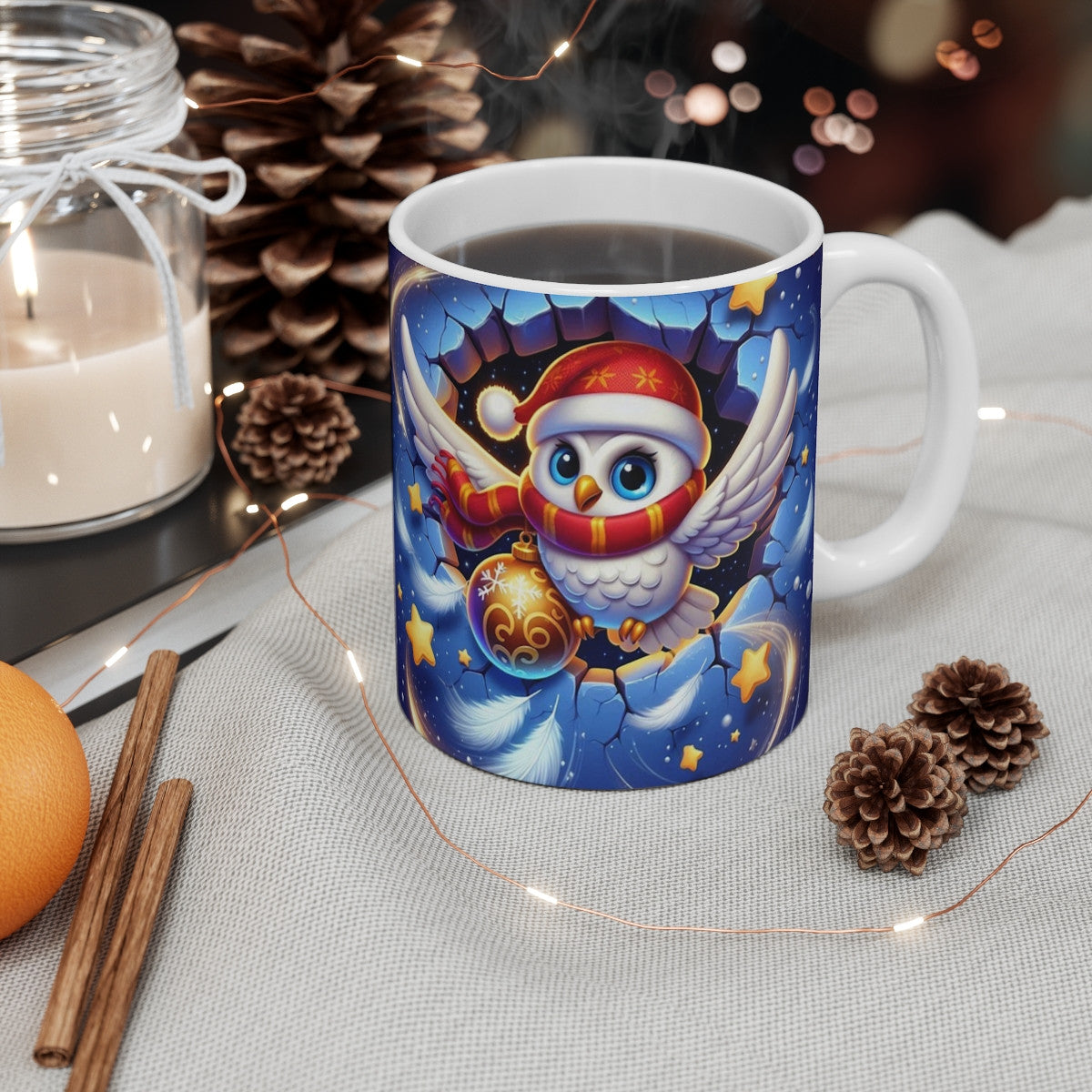 Mug Noël 325ml – Chouette Blanche Festive avec Écharpe Rouge et Boule Dorée – Tasse Céramique Cadeau Hiver