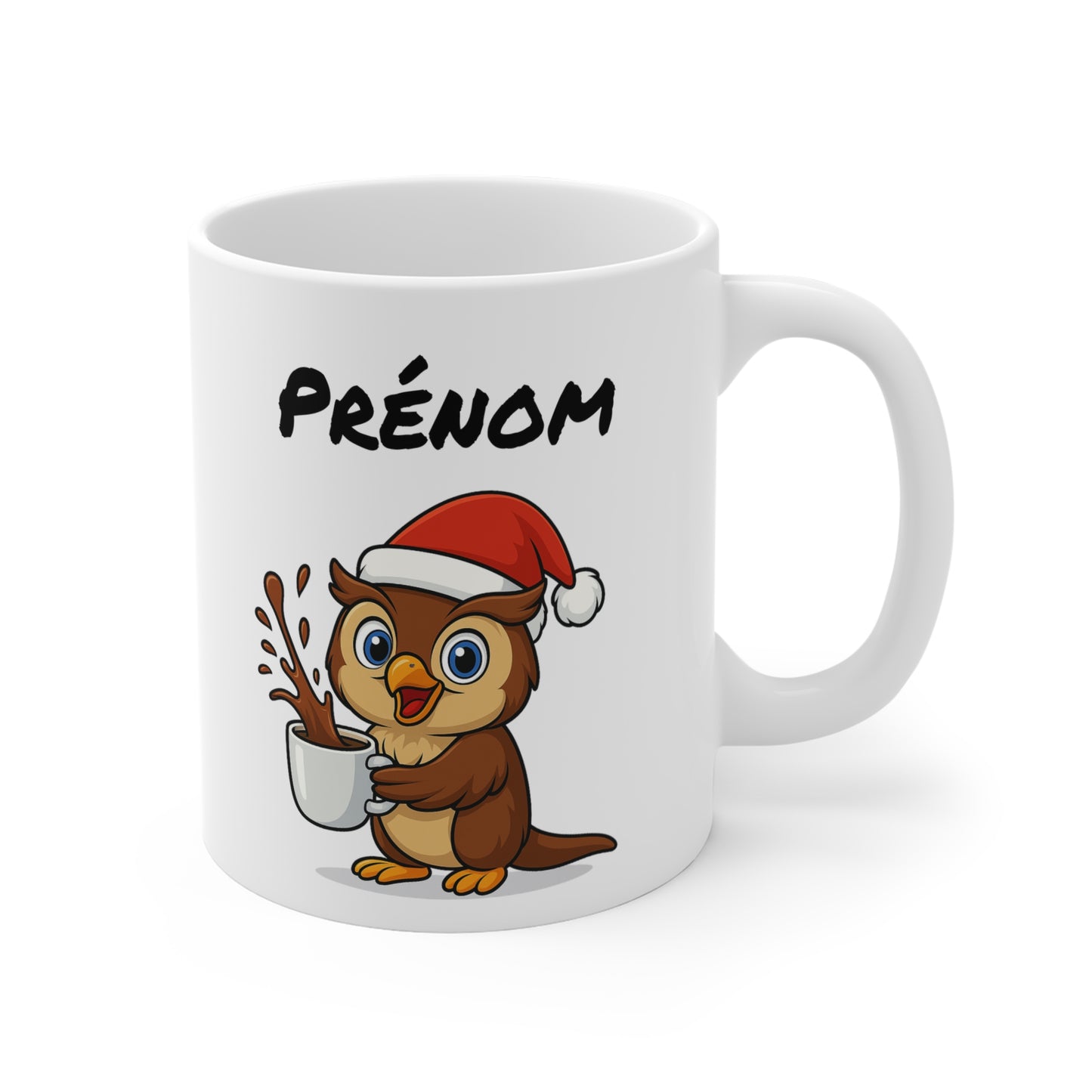 Tasse Personnalisable Hibou Noël – Mug Prénom Céramique 325ml – Cadeau Fêtes Mignon Original