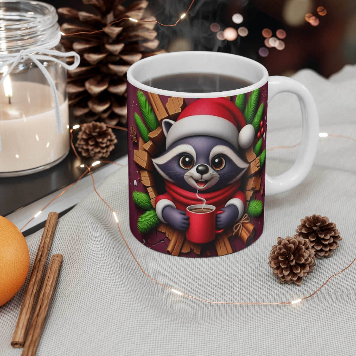Tasse Raton Laveur Noël – Mug Céramique 325ml – Cadeau Hiver Festif Animaux et Chocolat Chaud