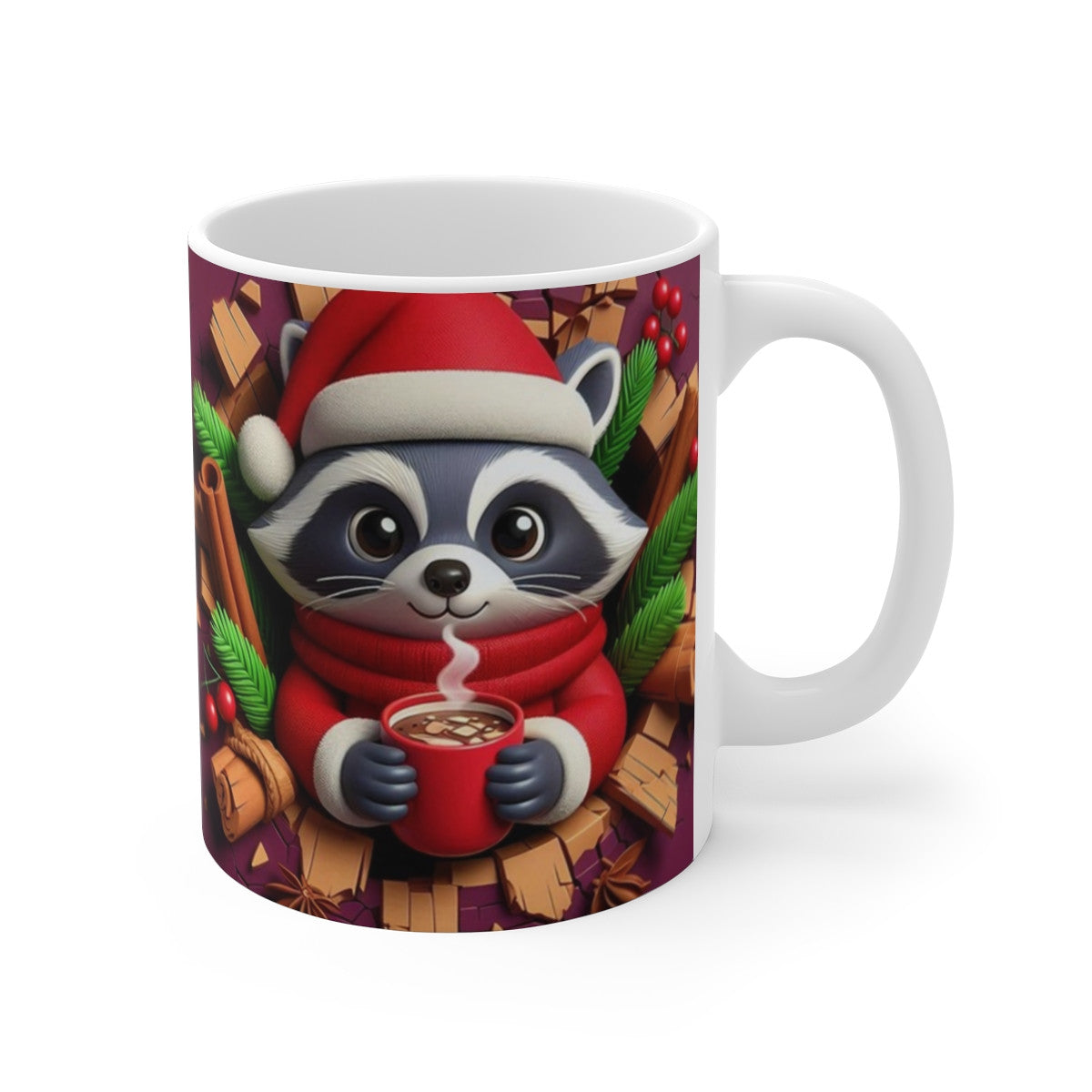 Tasse Raton Laveur Noël – Mug Céramique 325ml – Cadeau Festif Animaux Chocolat Chaud Hiver