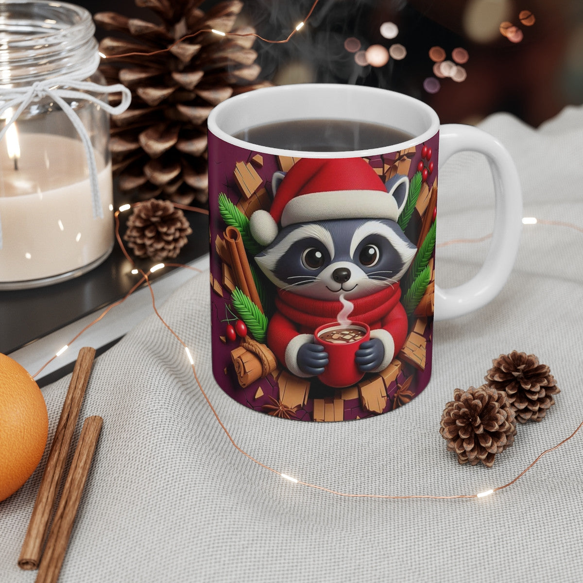 Tasse Raton Laveur Noël – Mug Céramique 325ml – Cadeau Festif Animaux Chocolat Chaud Hiver
