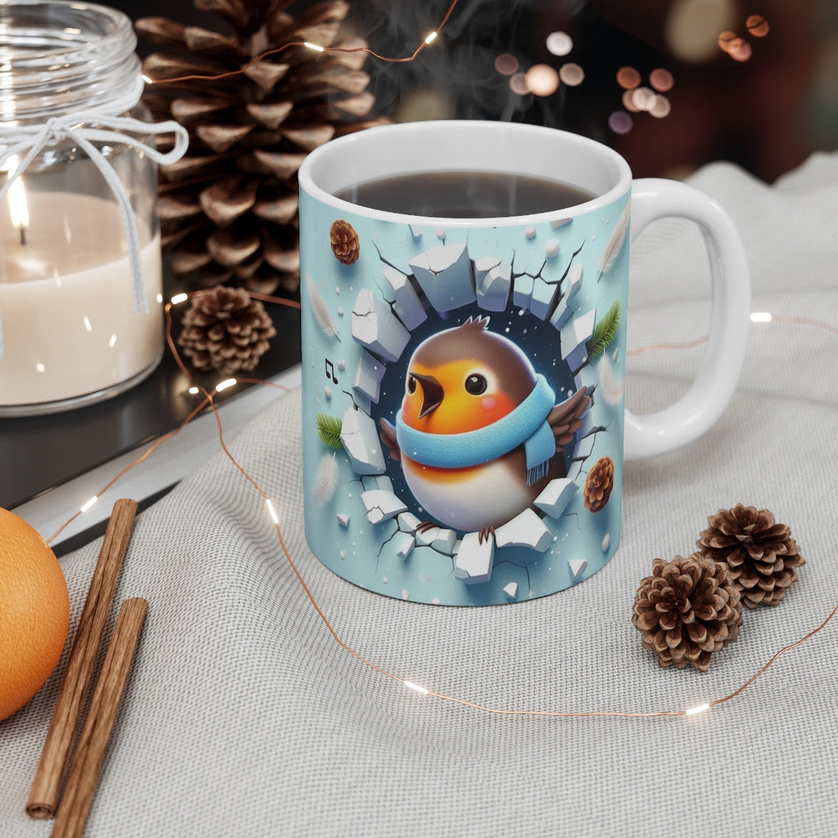 Tasse Rouge-Gorge Hiver Chantant – Mug Céramique 325ml – Cadeau Oiseau Noël Nature Festive