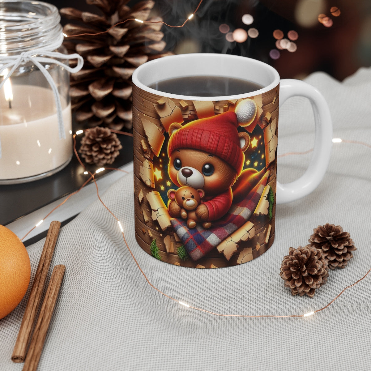 Tasse Ourson Noël – Mug Hiver Cocooning avec Doudou Ours – Céramique 325ml – Cadeau Festif et Chaleureux