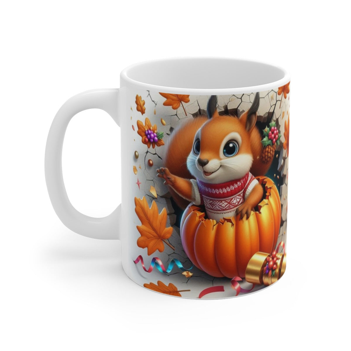 Tasse Écureuil Automne-Hiver – Mug Citrouille & Pull Rouge – Cadeau Cosy Saison Festive 325ml