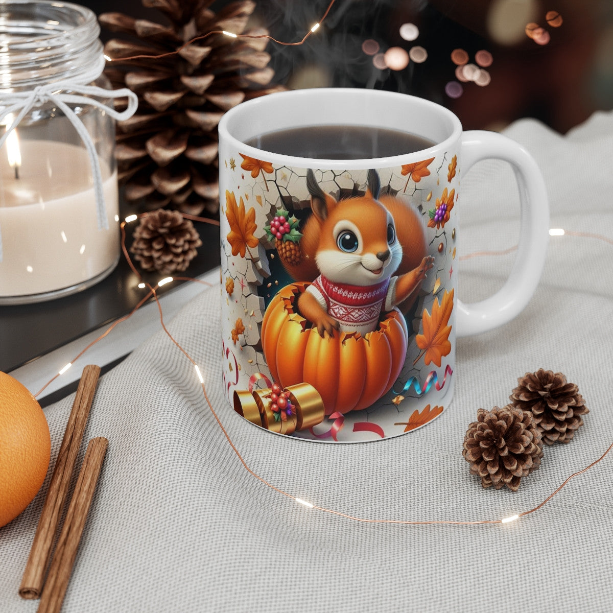 Tasse Écureuil Automne-Hiver – Mug Citrouille & Pull Rouge – Cadeau Cosy Saison Festive 325ml