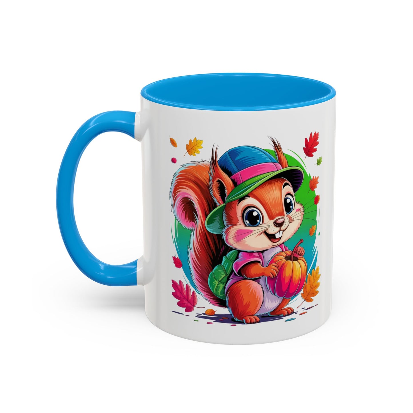 Mug Écureuil Mignon Automne – Tasse Animal Citrouille Feuilles Colorées – Cadeau Original Enfant Adulte – Céramique 325ml Noir Bleu Rouge