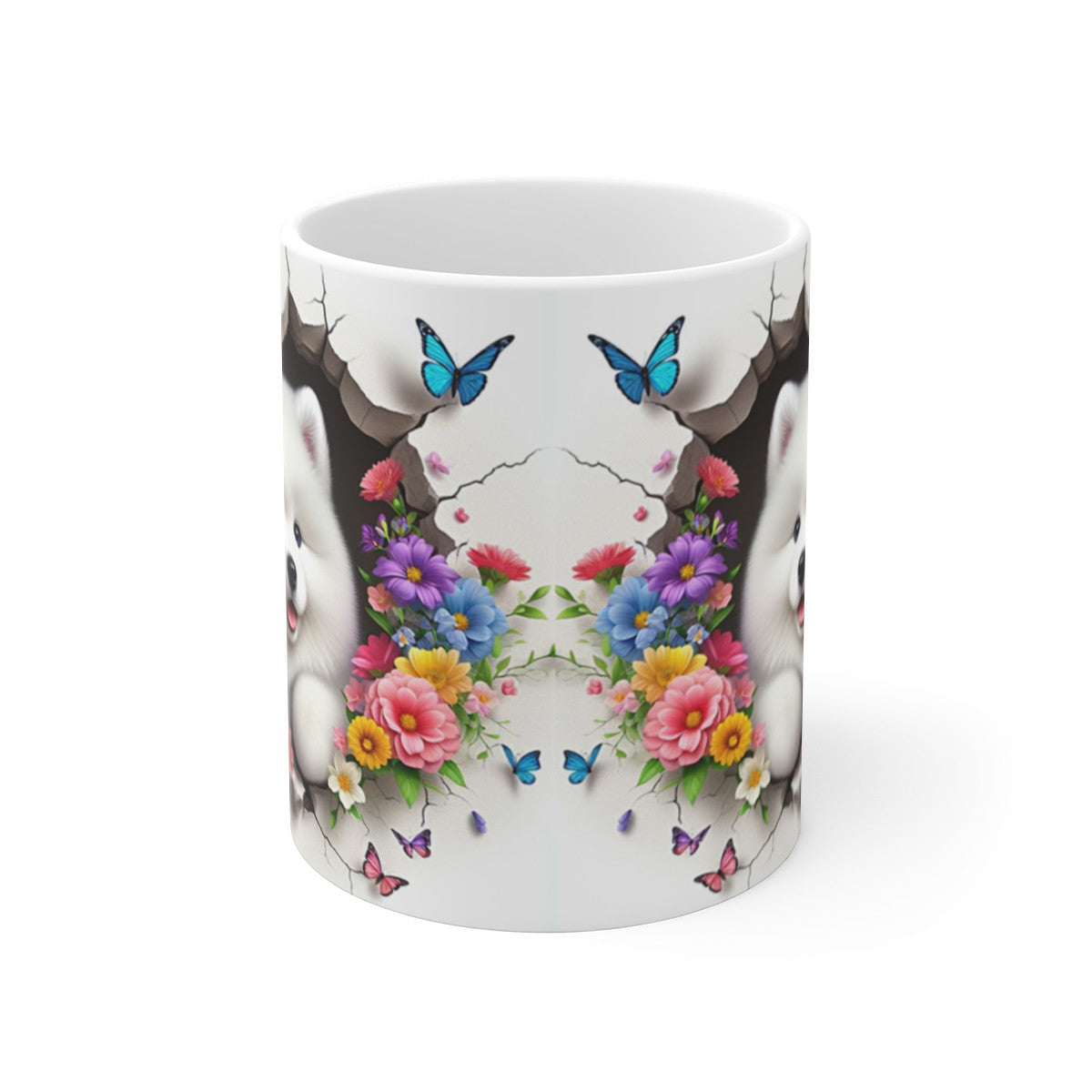Tasse Chiot Blanc & Papillons – Mug Fleuris Coloré Printemps – Cadeau Mignon 325ml