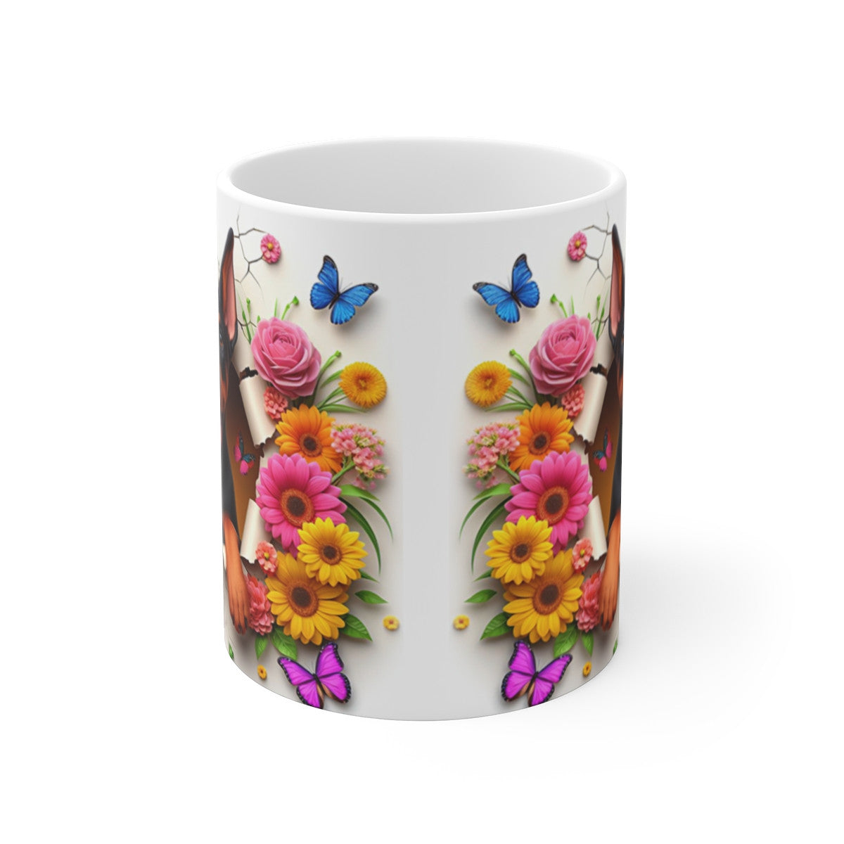 Tasse Céramique Doberman et Fleurs – Mug Chien Mignon Papillons – Cadeau Animaux Bohème 325ml