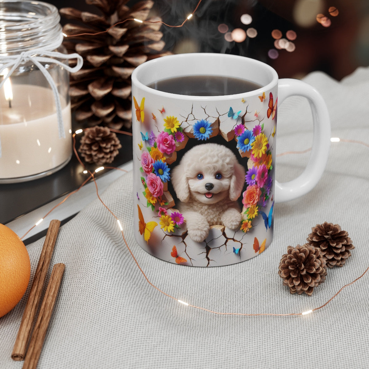 Tasse Céramique Bichon Frisé et Fleurs – Mug Chien Mignon Papillons – Cadeau Animaux Bohème 325ml