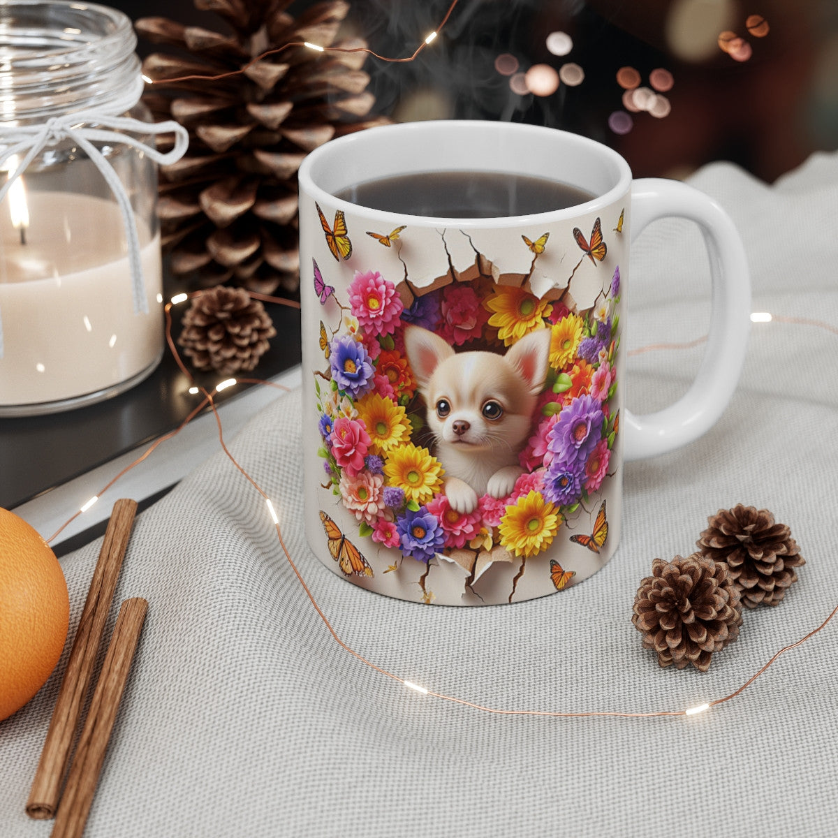 Tasse Céramique Chihuahua et Fleurs – Mug Chien Mignon Papillons – Cadeau Animaux Bohème 325ml
