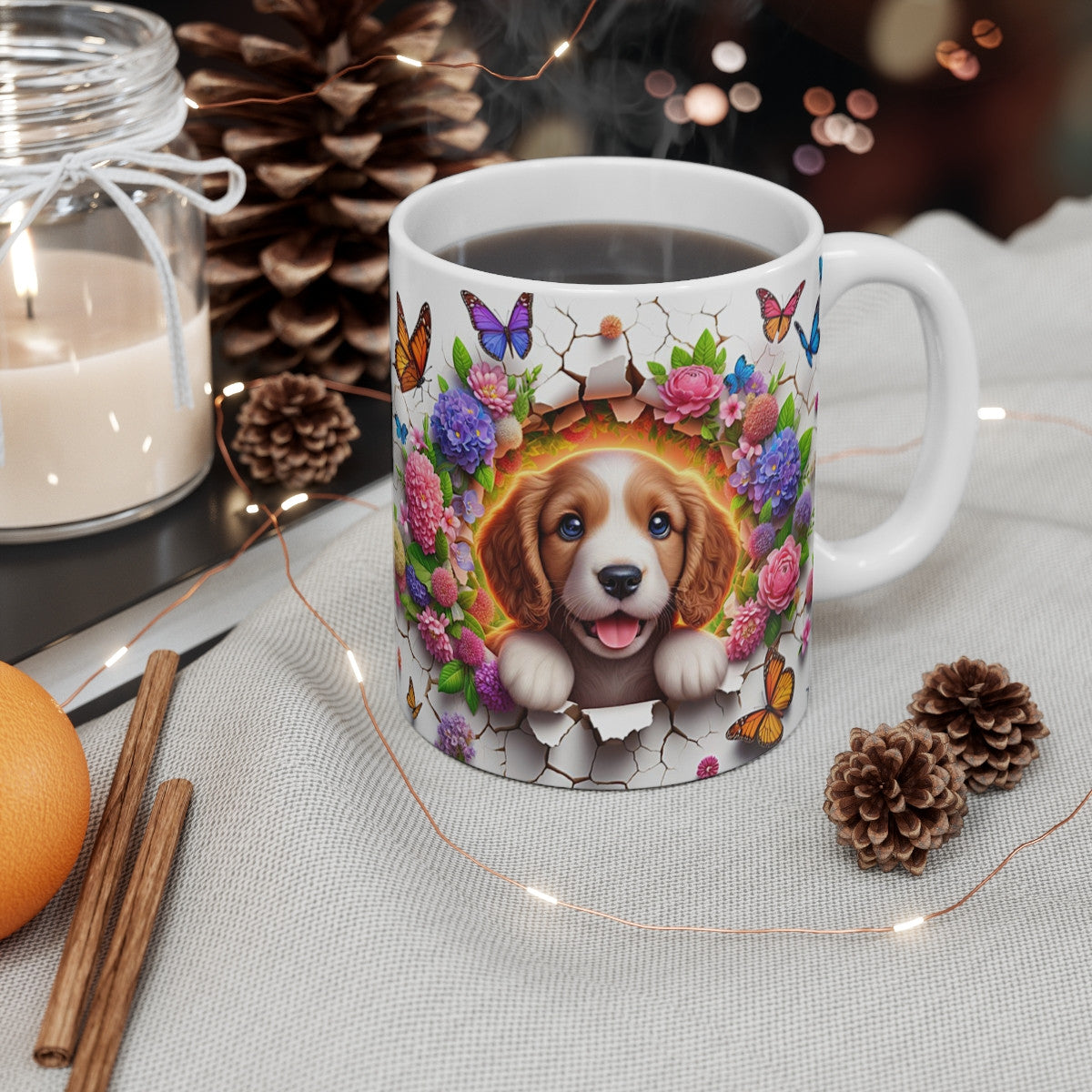 Tasse Céramique Cavalier King Charles et Fleurs – Mug Chien Mignon Papillons – Cadeau Animaux Bohème 325ml