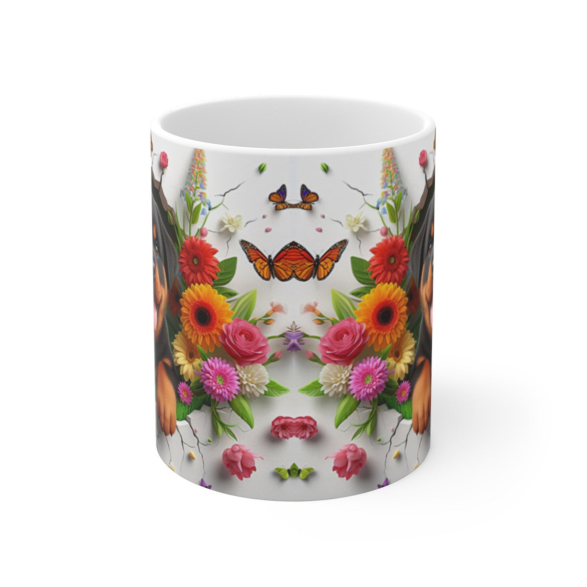 Tasse Céramique Rottweiler et Fleurs – Mug Chien Mignon Papillons – Cadeau Animaux Bohème 325ml