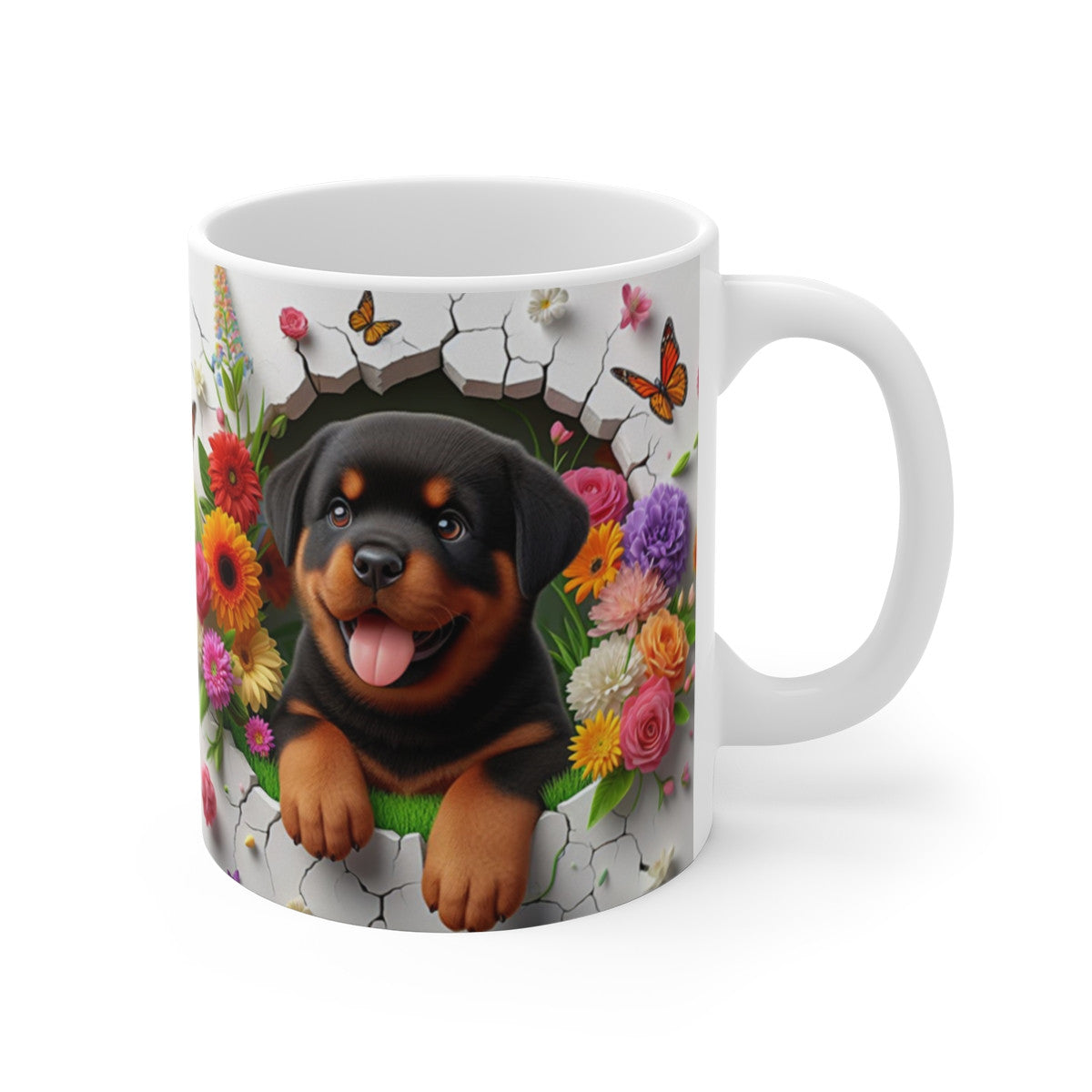 Tasse Céramique Rottweiler et Fleurs – Mug Chien Mignon Papillons – Cadeau Animaux Bohème 325ml