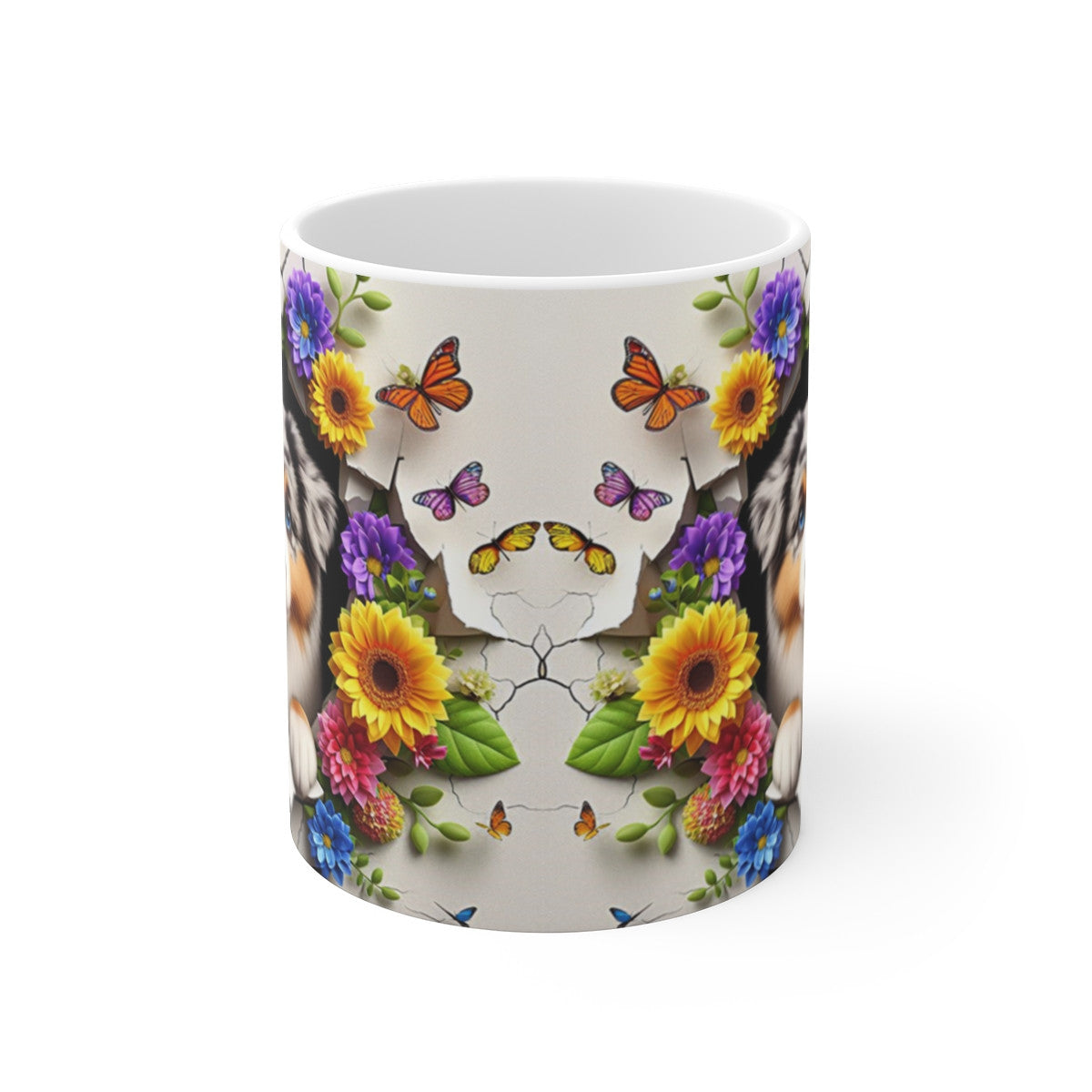 Tasse Céramique Berger Australien et Fleurs – Mug Chien Mignon Papillons – Cadeau Animaux Bohème 325ml