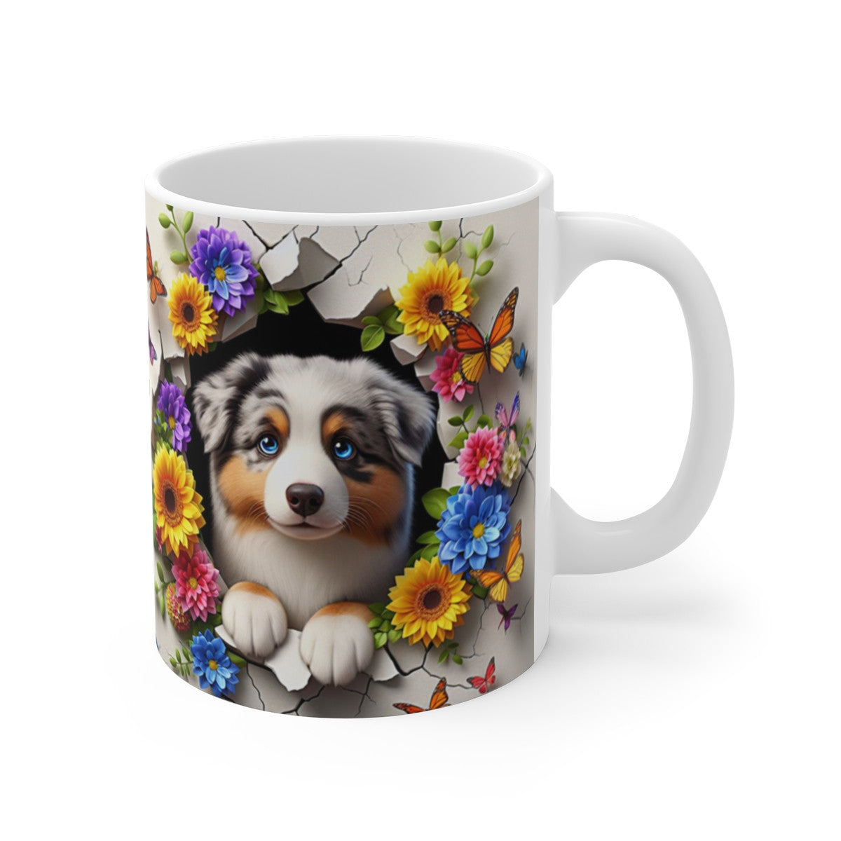 Tasse Céramique Berger Australien et Fleurs – Mug Chien Mignon Papillons – Cadeau Animaux Bohème 325ml