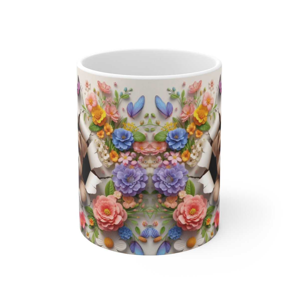 Tasse Céramique Chiot Terrier et Fleurs – Mug Chien Mignon Papillons – Cadeau Animaux Bohème 325ml
