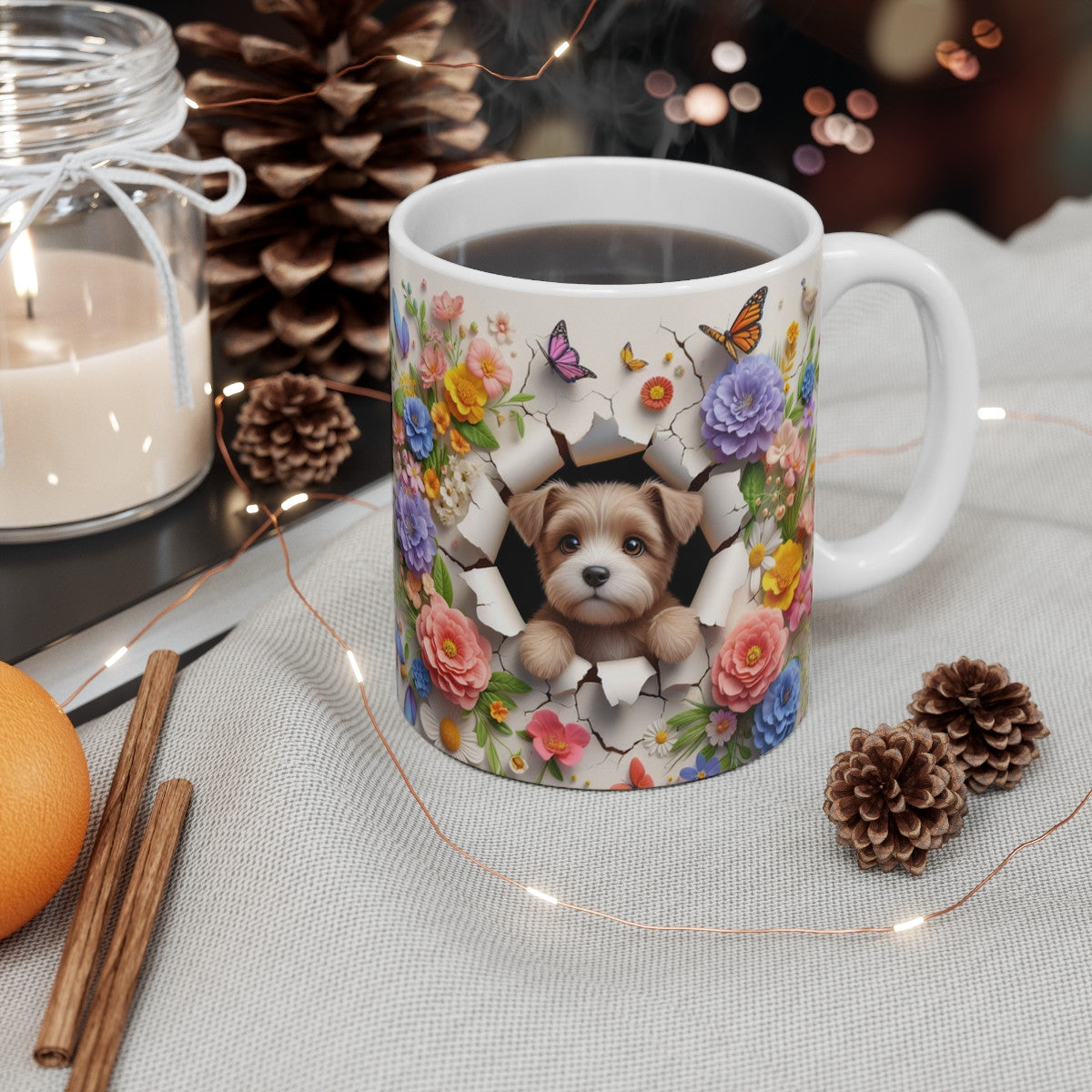 Tasse Céramique Chiot Terrier et Fleurs – Mug Chien Mignon Papillons – Cadeau Animaux Bohème 325ml
