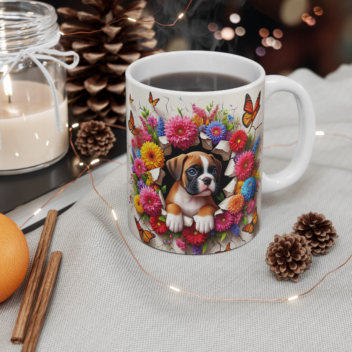 Tasse Céramique Chiot Boxer et Fleurs – Mug Chien Mignon Papillons – Cadeau Animaux Bohème 325ml