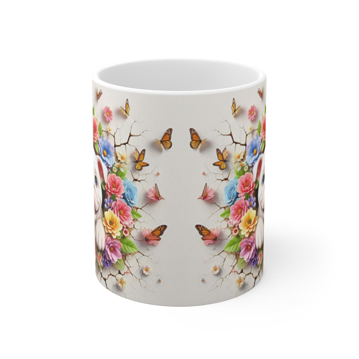 Tasse Céramique Bulldog et Fleurs – Mug Chien Mignon Papillons – Cadeau Animaux Bohème 325ml