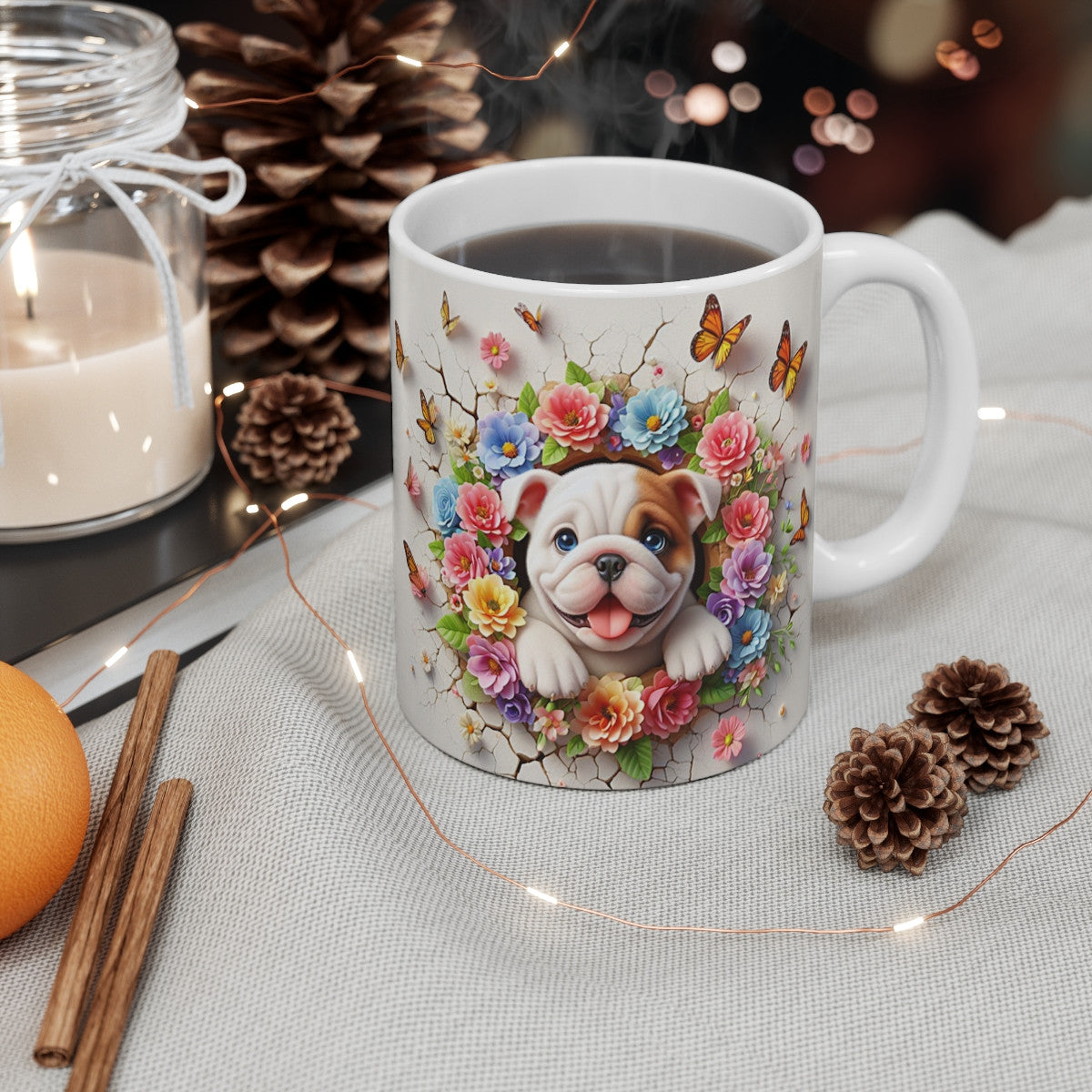 Tasse Céramique Bulldog et Fleurs – Mug Chien Mignon Papillons – Cadeau Animaux Bohème 325ml