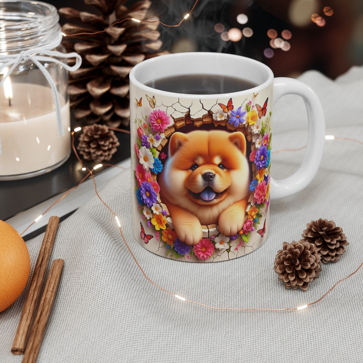 Tasse Céramique Chow-Chow et Fleurs – Mug Chien Mignon Papillons – Cadeau Animaux Bohème 325ml