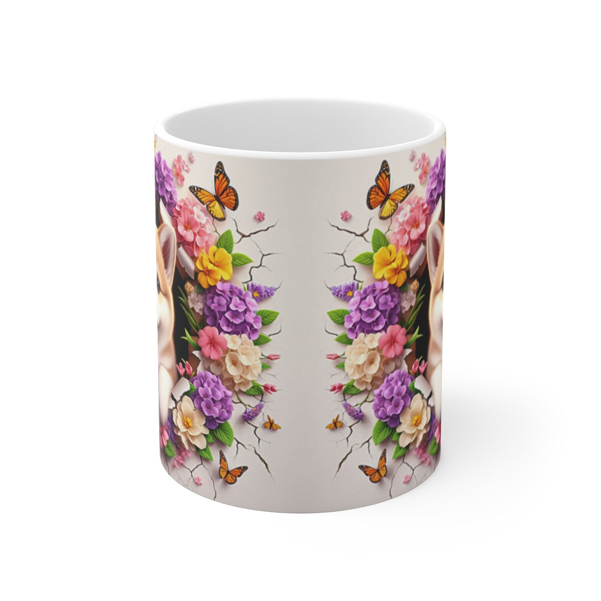 Tasse Céramique Akita Inu et Fleurs – Mug Chien Mignon Papillons – Cadeau Animaux Bohème 325ml